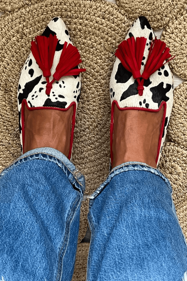 Bold Cow Print Red Tassels Flats