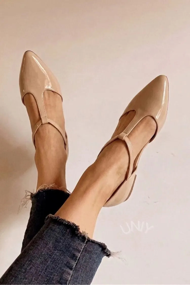 Elegant Nude Patent Leather Pointed Toe T-Strap Flats