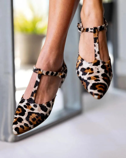 Classic Leopard Print T-Strap Ankle Buckle Pointed Toe Flats