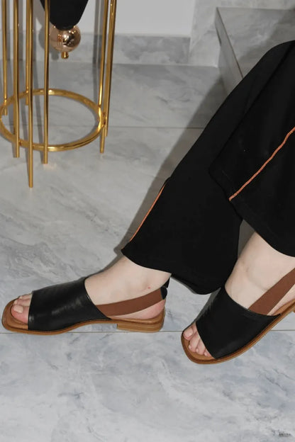 Elastic Slingback Faux Leather Open Toe Flats
