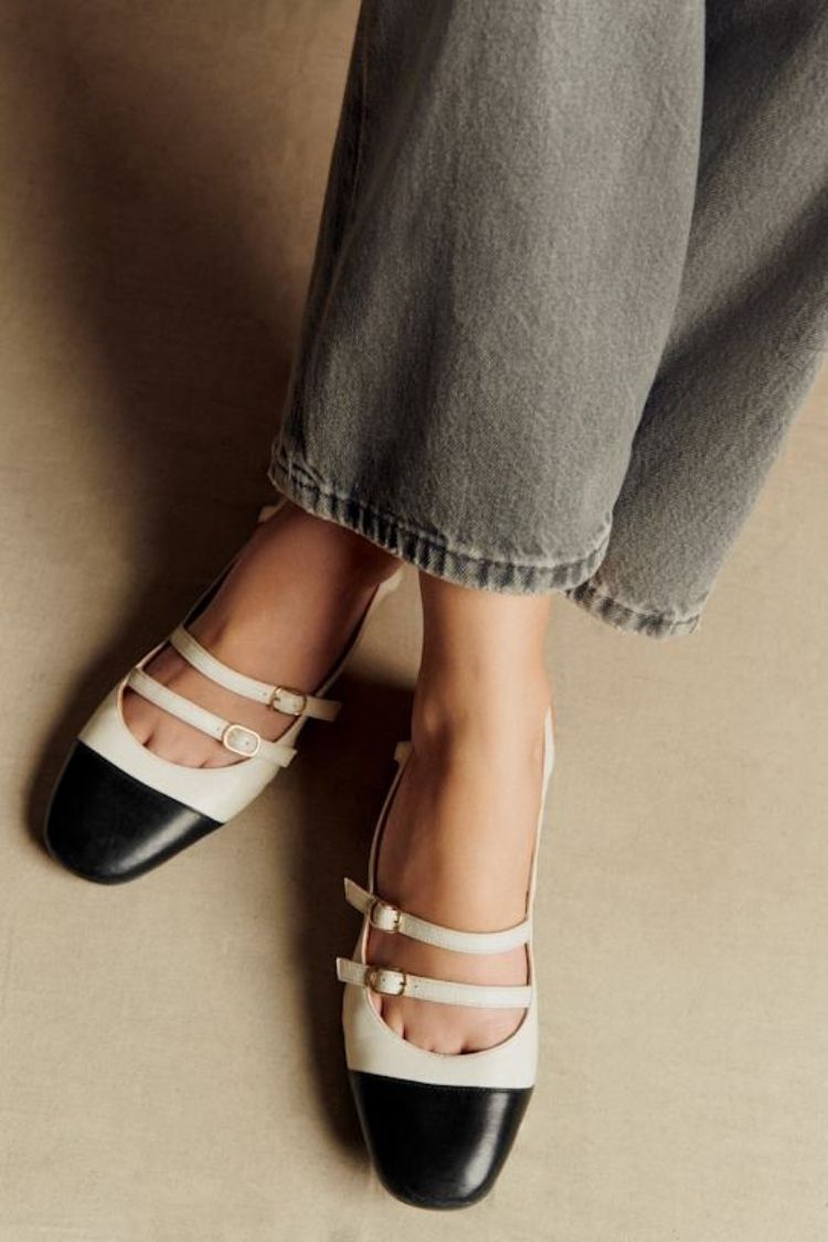 Two Tone Leather Double Strap Mary Jane Cap Toe Flats