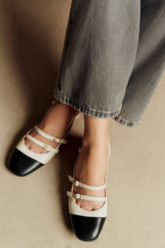 Two Tone Leather Double Strap Mary Jane Cap Toe Flats