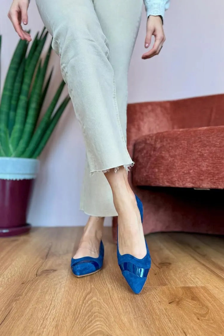 Patchwork Pointed Toe Casual Dark Blue Flats