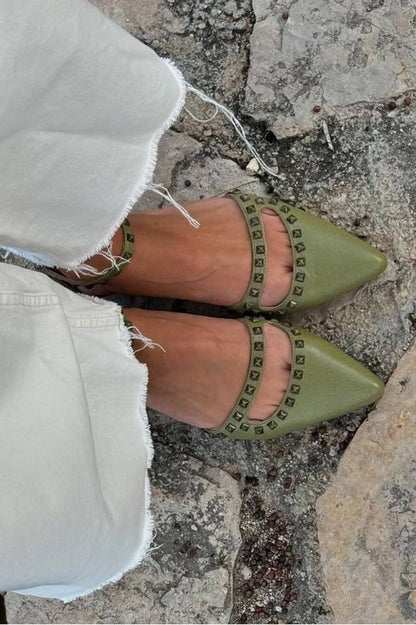 Studded Green Pointy Toe Flats