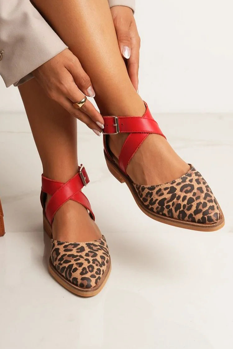 Cross Strap Buckle Leopard Print Pointed Toe Flats