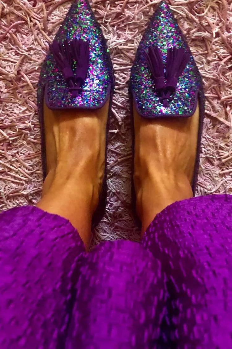 Shimmering Sequin Tassels Trim Pointy Toe Multicolor Flats