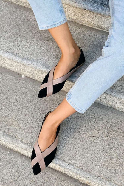 Suede Colorblock Crisscross Strap Pointed Toe Flats