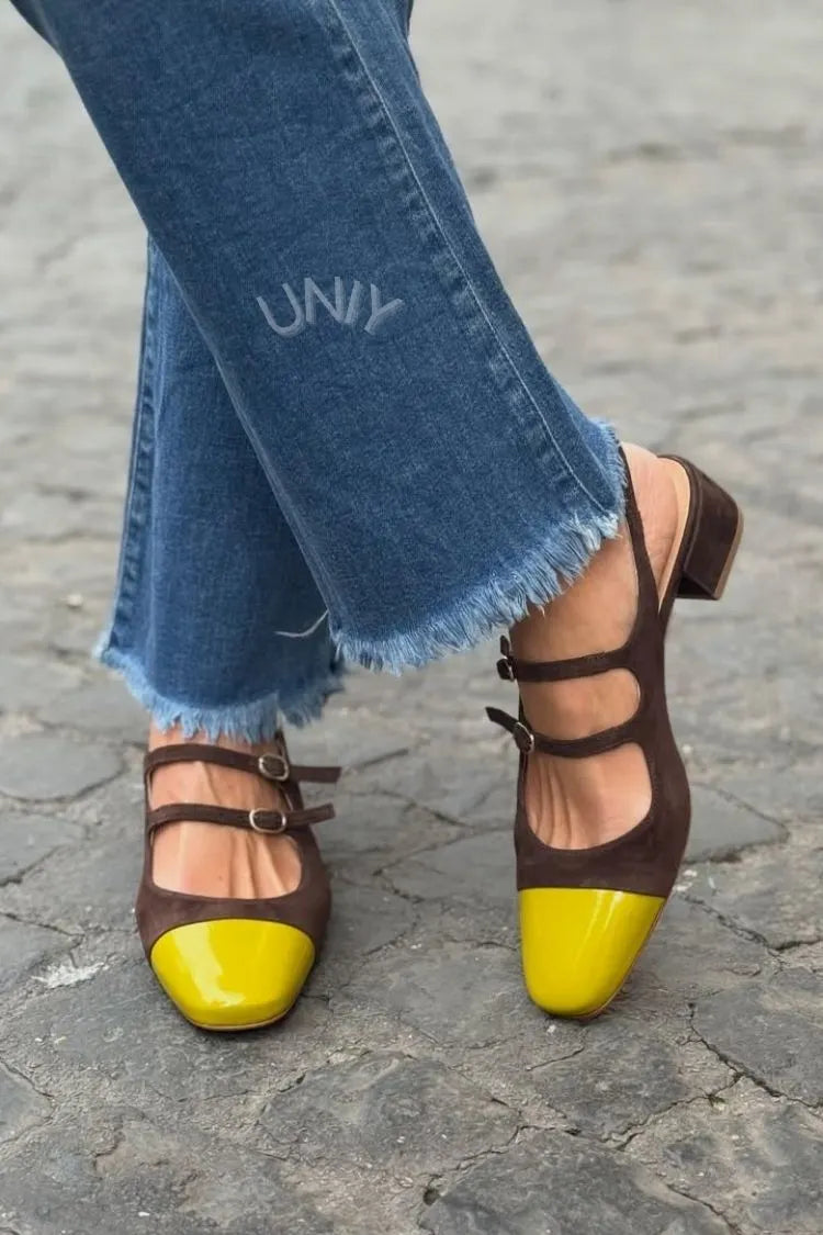 Stylish Brown Yellow Contrast Toe Double Strap Slingback Flats