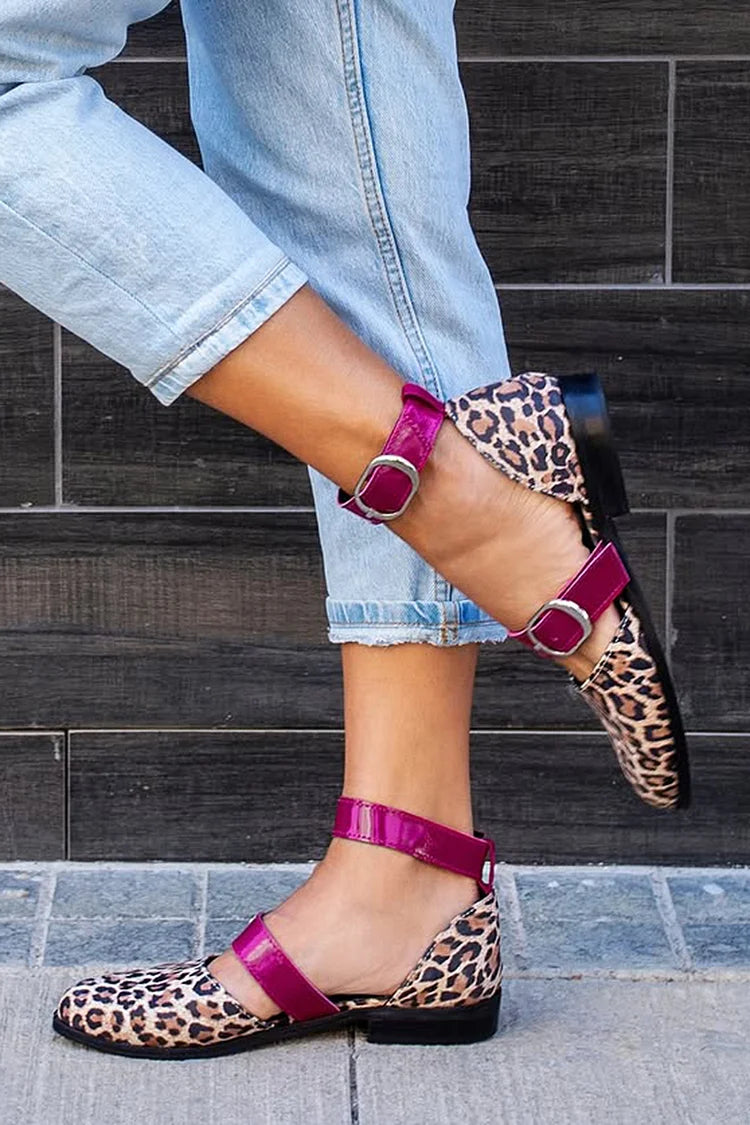 Leopard Print Pointed Toe Colorblock Strap Buckle Khaki Flats