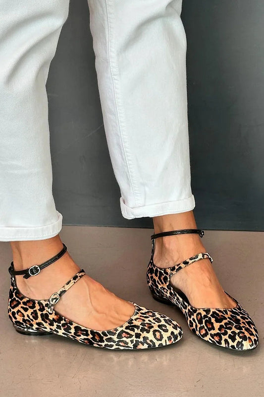 Colorblock Strap Buckle Leopard Print Beige Flats
