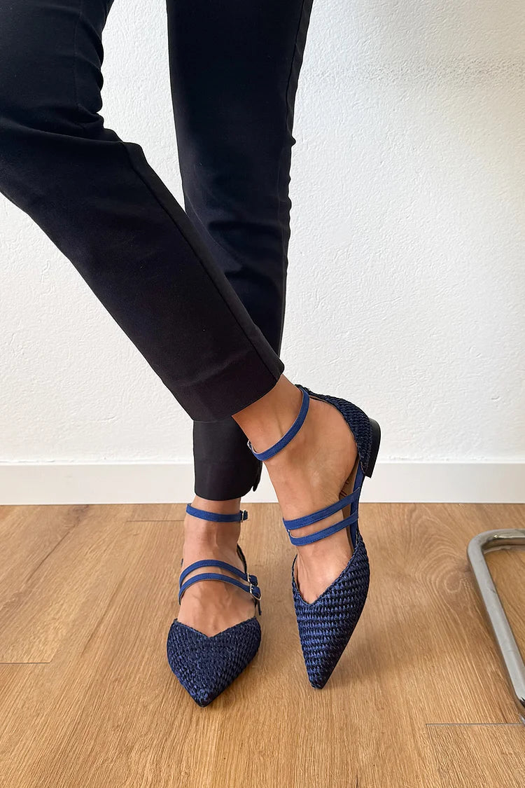 Multi Straps Buckles Woven Pointed Toe Navy Flats