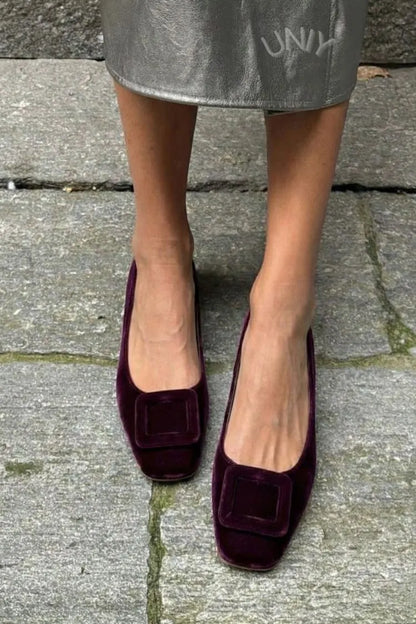 Velvet Square Buckle Soft Square Toe Flats