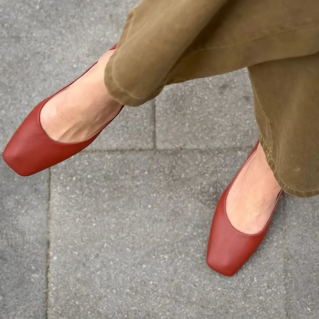 Minimalist Brick Red PU Leather Square Toe Flats