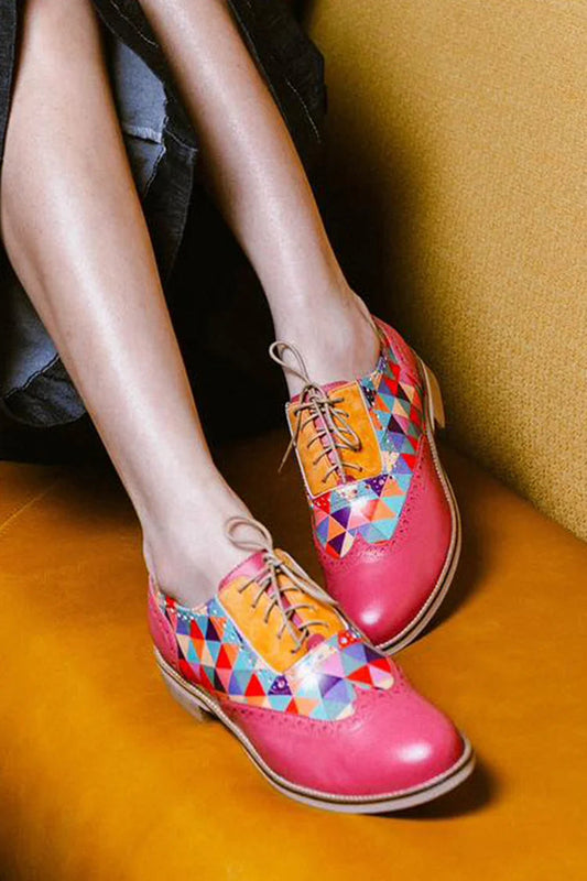 Splendid Multicolor Triangle Print Round Toe Lace Up Pink Oxfords