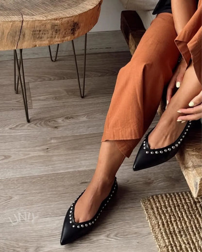 Chic Black Pointed Toe Silver Studded Ballet Flats