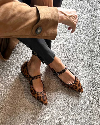 Leopard Print Ankle Buckle Pointed Toe Single Strap Ballet Flats
