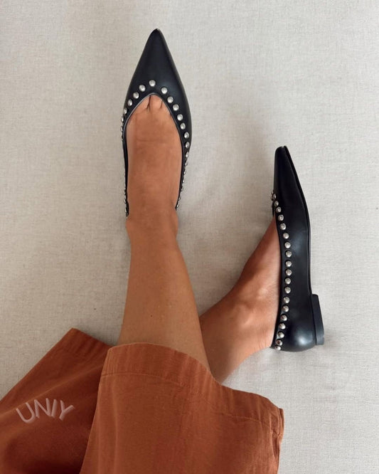 Chic Black Pointed Toe Silver Studded Ballet Flats