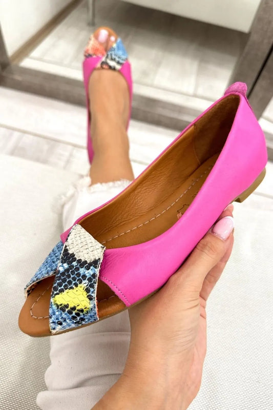 Colorblock Snake Print Peep Toe Flats