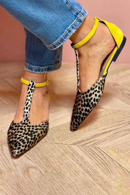 Stylish Leopard Print Colorblock Ankle Straps Buckle Pointy Toe Casual Flats