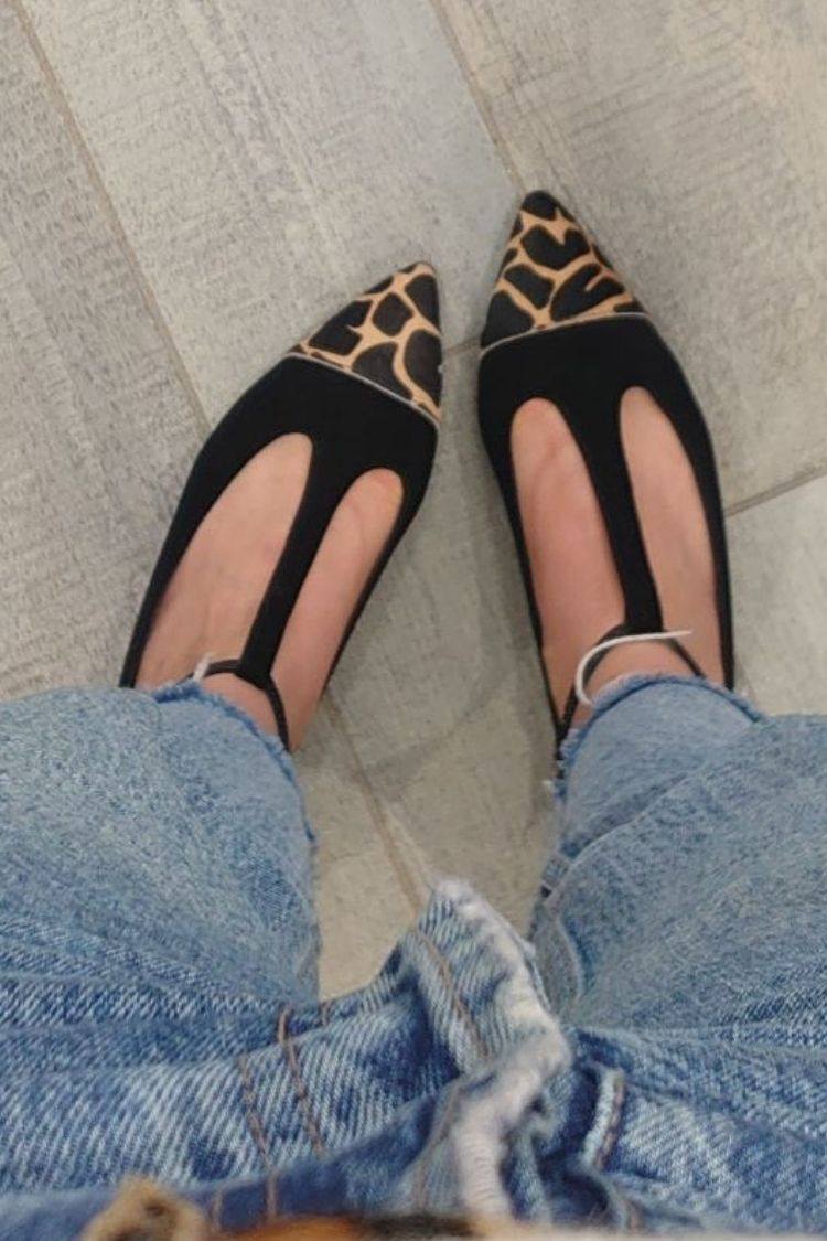 Suede Colorblock T-Strap Pointy Flats
