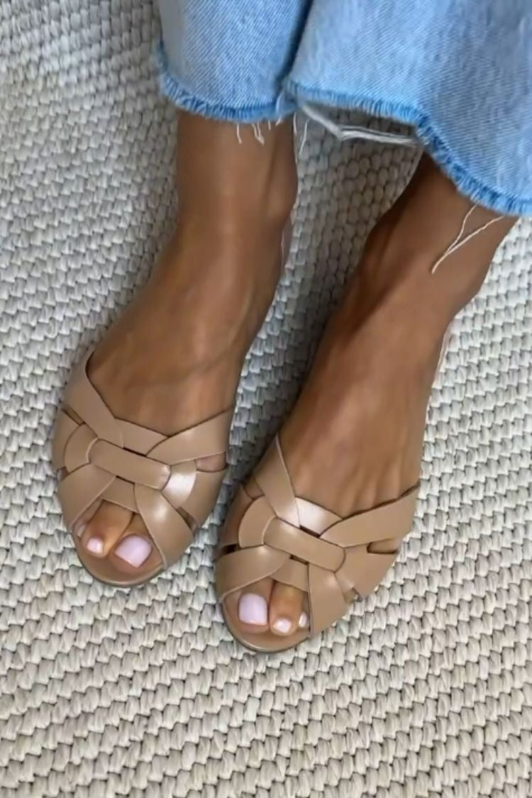 Woven Crisscross Faux Leather Closed Back Peep Toe Flats