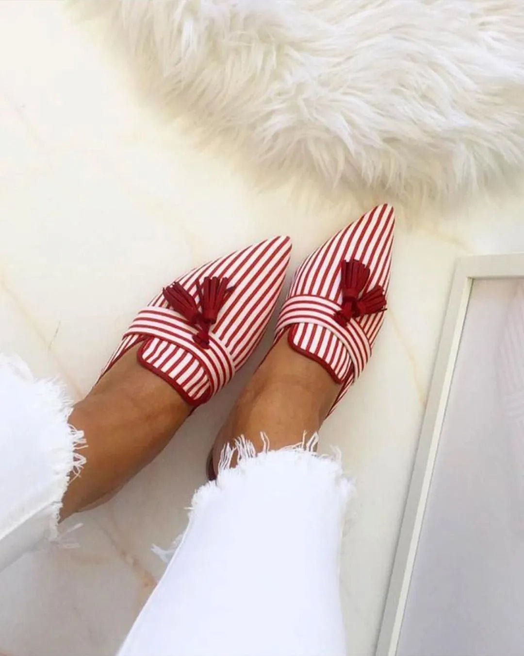 Red and White Striped Fringe Pointed Toe Casual Flats