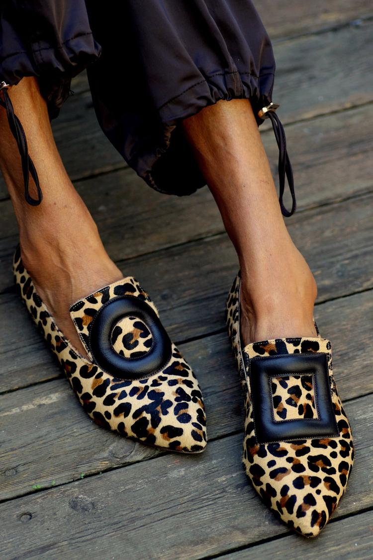 Leopard Print Square Circle Embellishment Pointy Toe Brown Flats