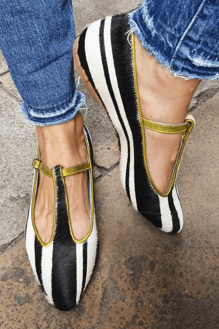 Striped Faux Fur Gold Edge T-Strap Pointy Flats