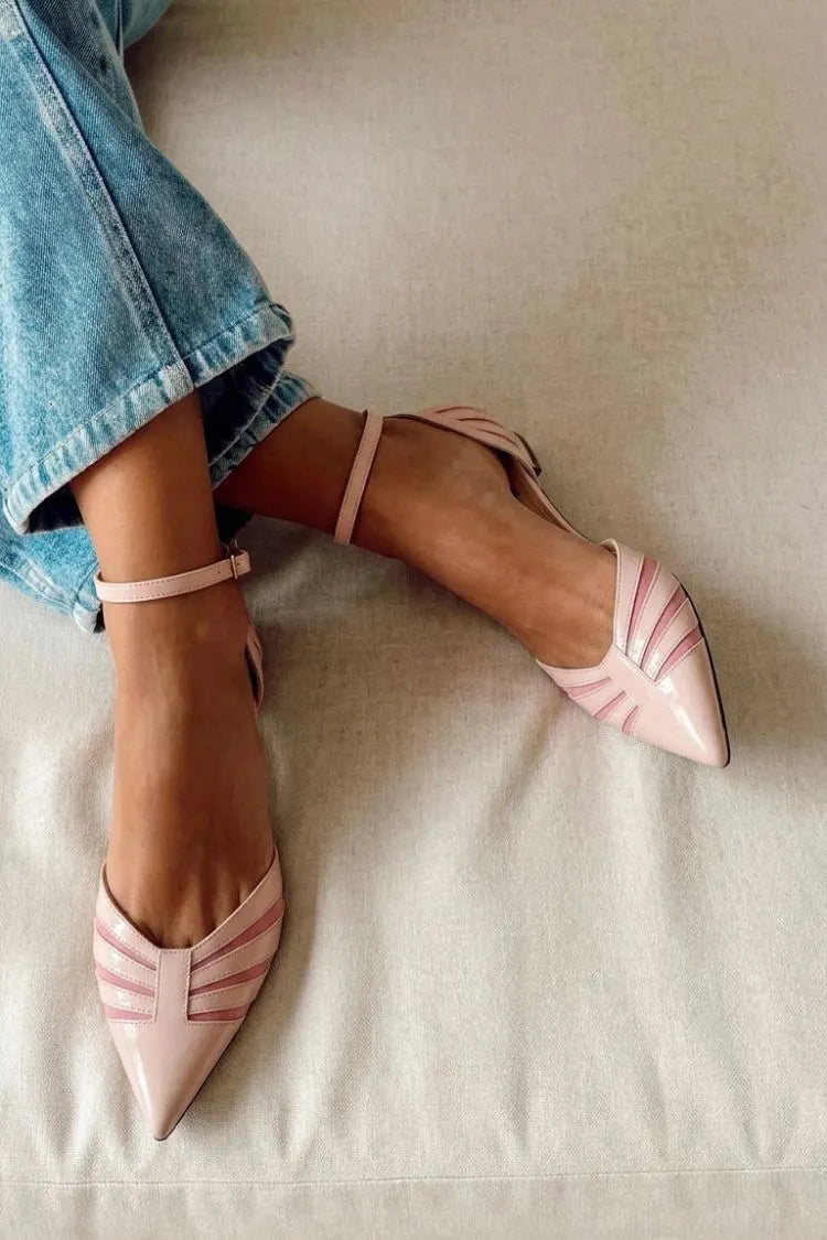 Pink Patent Radial Striped Pointed Toe Ankle Strap Flats