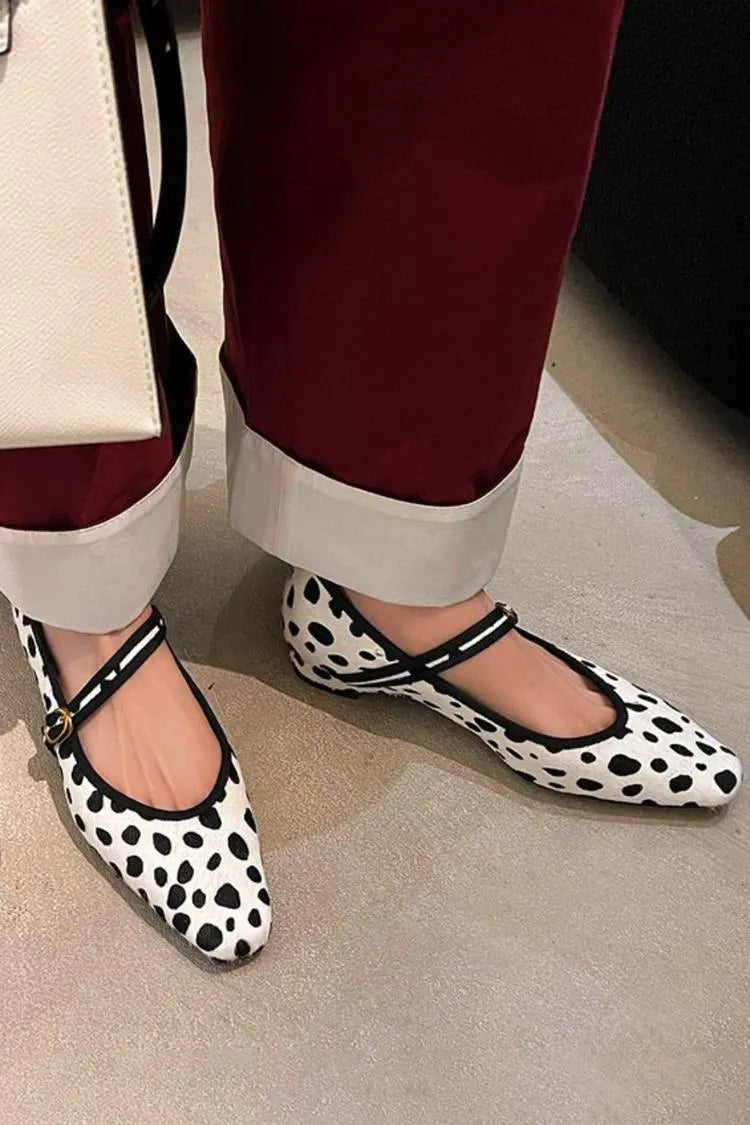 Cow Print Asymmetric Strap Buckle Chic White Flats