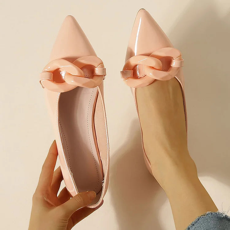 Patent Leather Chain Trim Pointy Toe Casual Flats