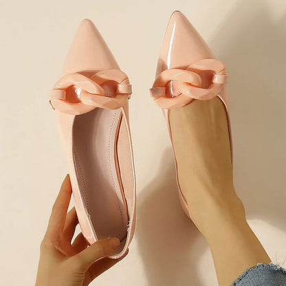 Patent Leather Chain Trim Pointy Toe Casual Flats