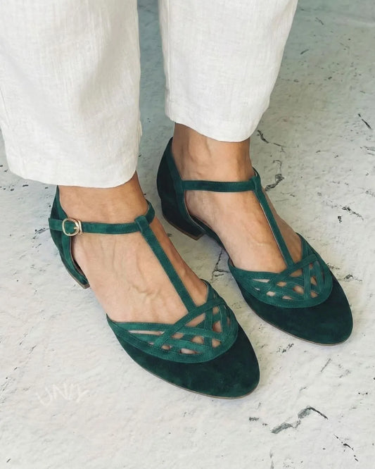 Dark Green Faux Suede T-Strap Lattice Cutout Mary Jane Flats