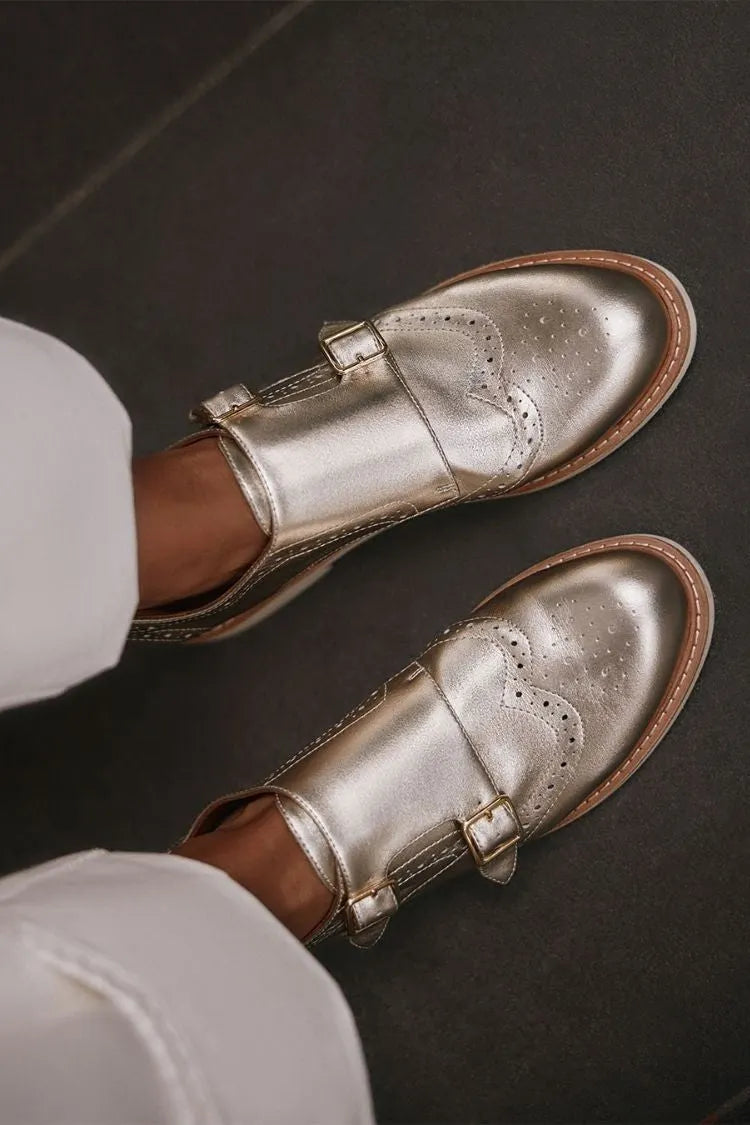 Metallic Leather Brogue Double-Monk Round-Toe Classic Oxfords