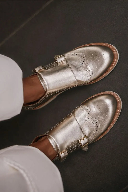 Metallic Leather Brogue Double-Monk Round-Toe Classic Oxfords