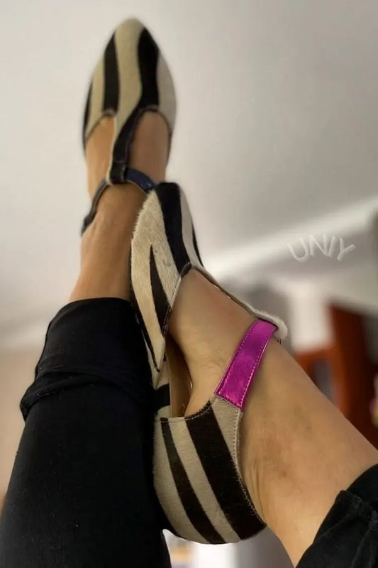Zebra Print Pony Hair Pointed Toe Metallic Pink Strap Flats