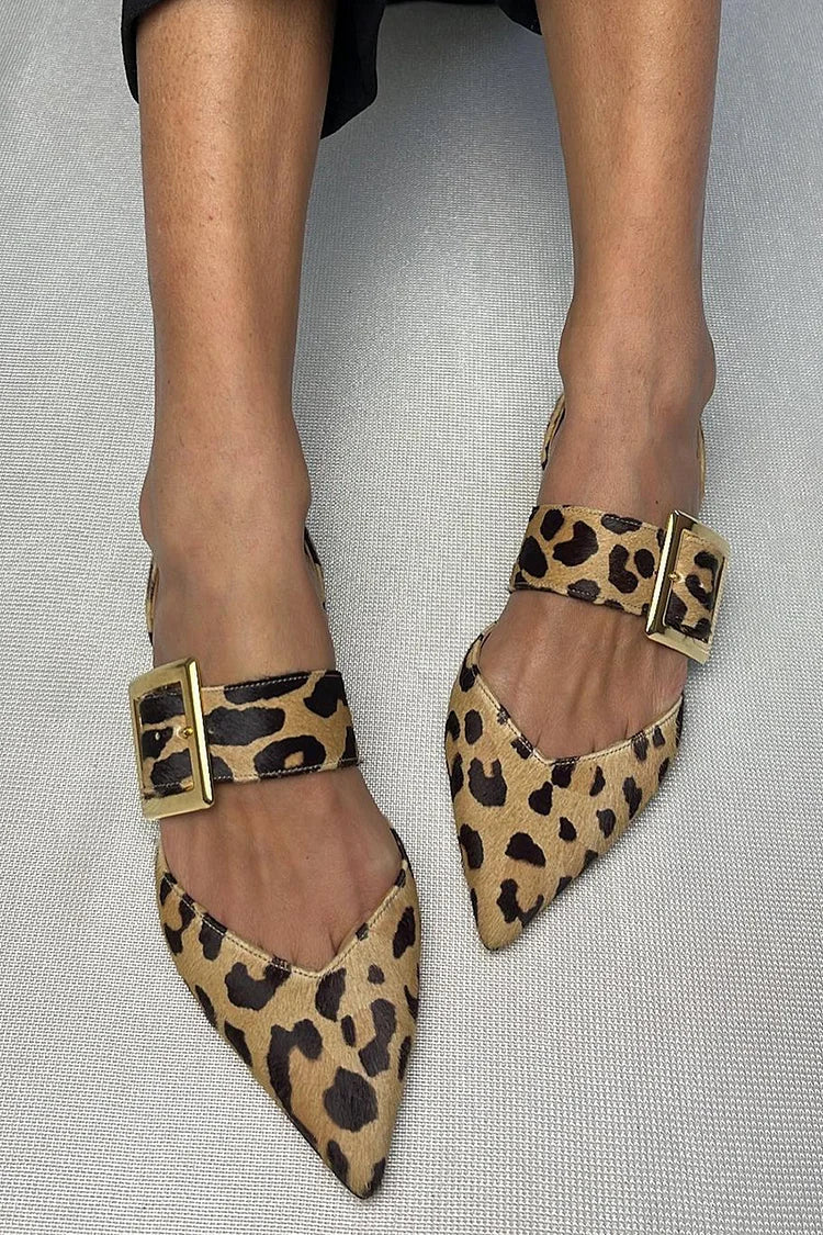 Pointed Toe Leopard Print Instep Strap Buckle Khaki Flats