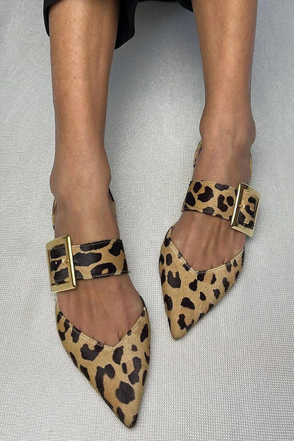 Pointed Toe Leopard Print Instep Strap Buckle Khaki Flats