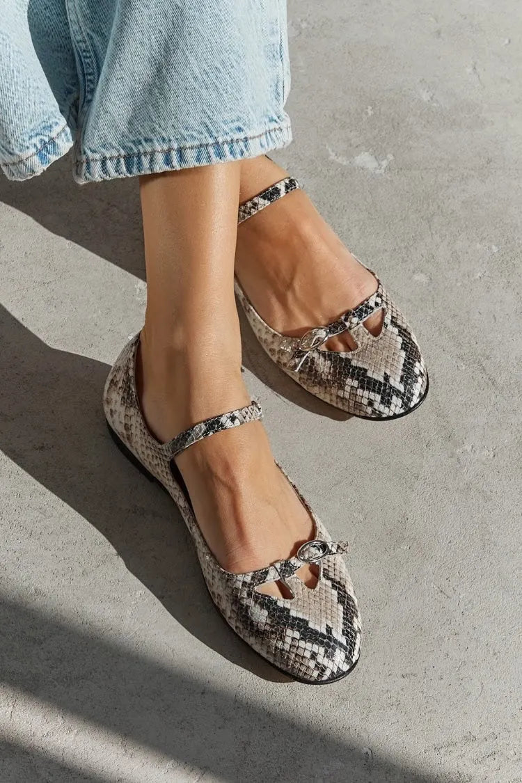 Snakeskin Print Round Toe Mary Jane Beige Flats