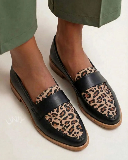 Leopard Print Leather Panel Classic Round Toe Loafer Flats