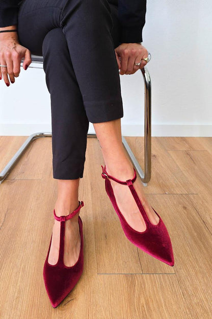 Patchwork T-Shaped Ankle Strap Pointy Toe Buckle Burgundy Flats