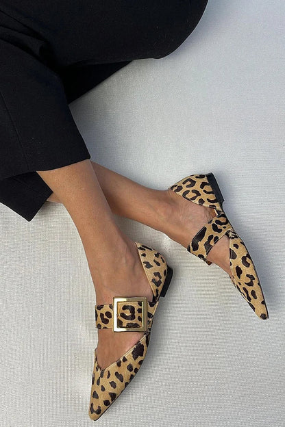 Pointed Toe Leopard Print Instep Strap Buckle Khaki Flats