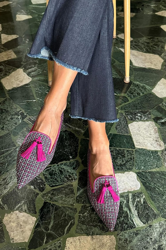 Tassels Decor Pointed Toe Casual Fuchsia Flats