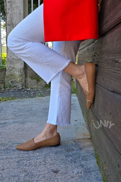 Brown Woven Pointed Toe Double Buckle Strap Flats