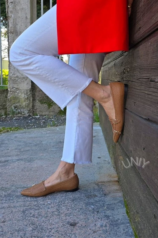 Brown Woven Pointed Toe Double Buckle Strap Flats