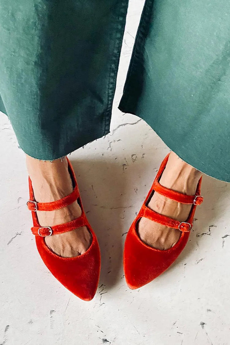 Two Straps Buckles Pointed Toe Velvet Red Flats