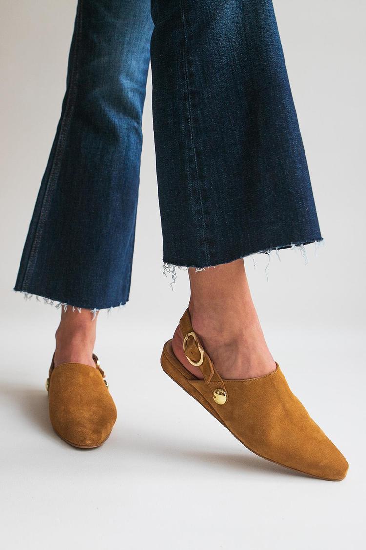 Solid Color Pointed Toe Slingback Strap Buckle Camel Flats