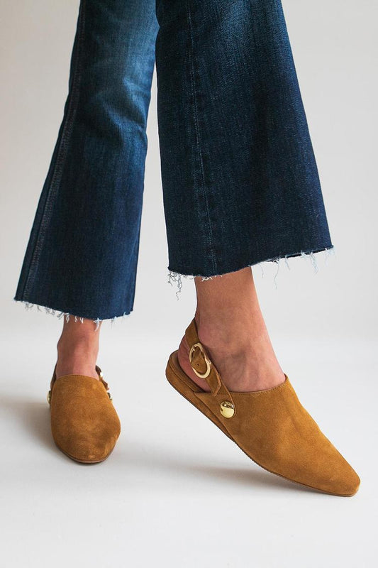 Solid Color Pointed Toe Slingback Strap Buckle Camel Flats