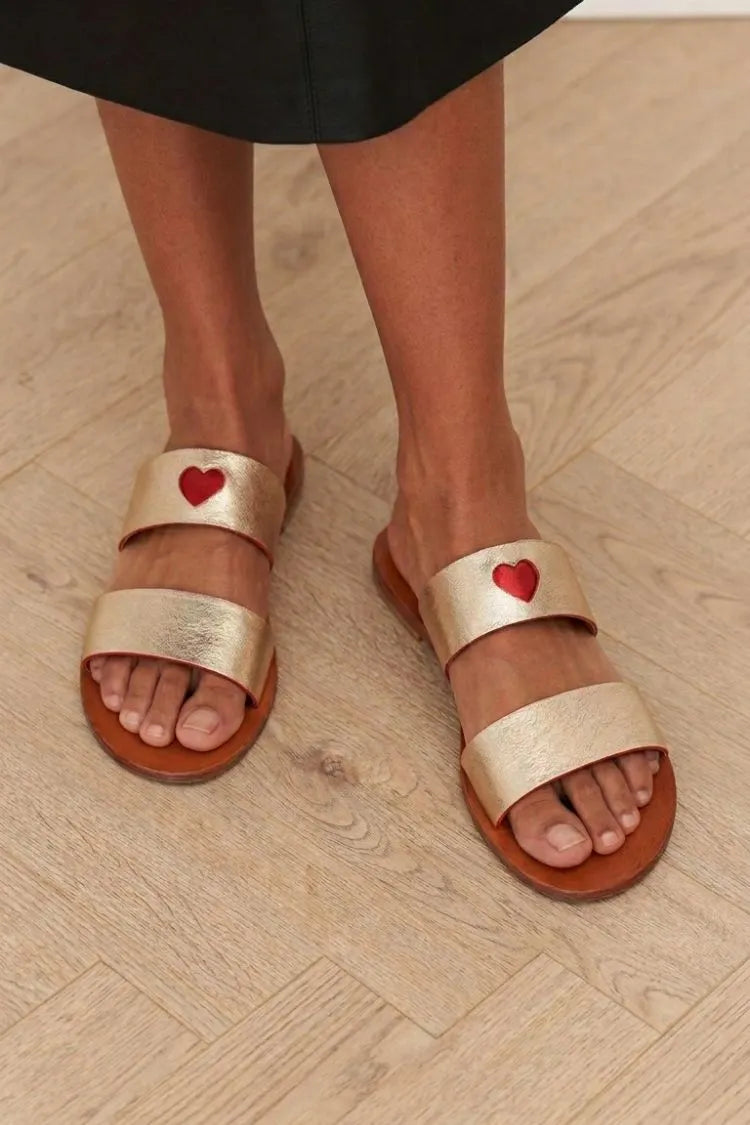 Minimalist Metallic Gold Red Heart Double Strap Flats