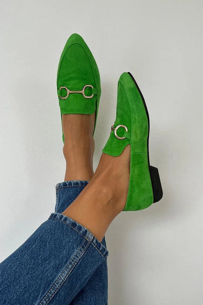 Luxury Metallic Buckle Pointy Toe Faux Suede Slip-on Flats